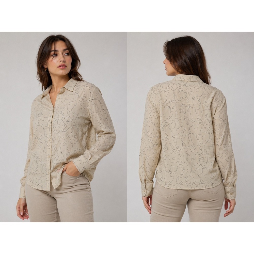 Vostique Women's Blouse Size Large Abstract Face Line Art Button Front Beige
